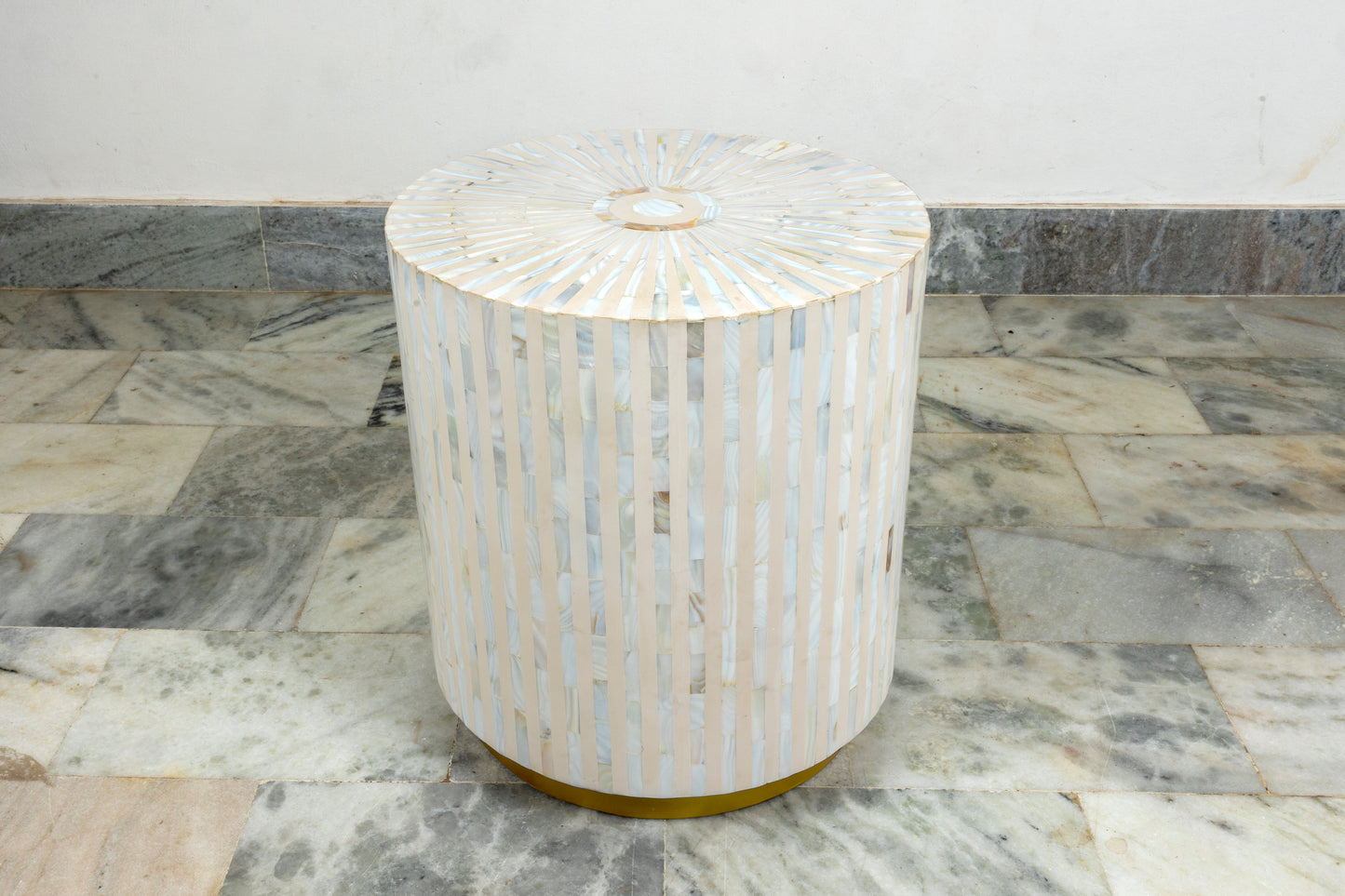 Mother of pearl side table drum shape
