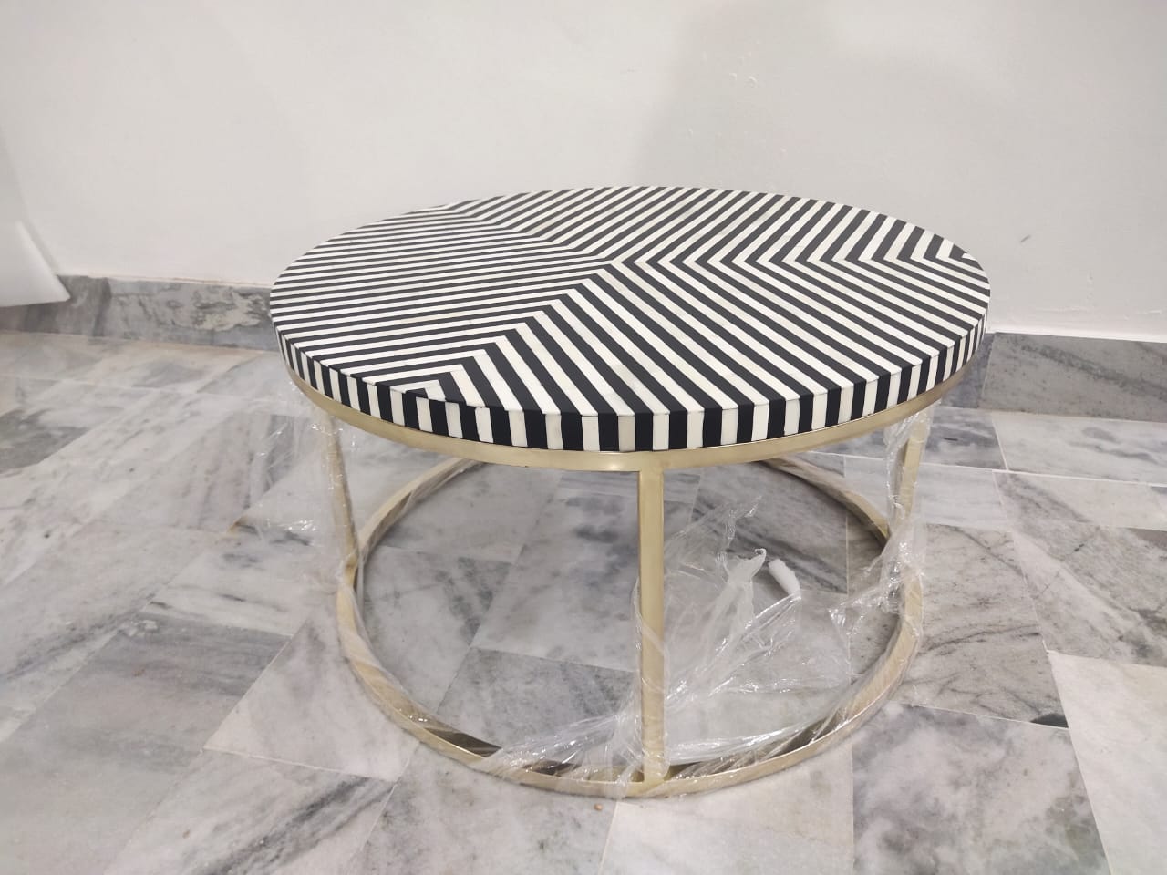 Bone Inlay Round coffee table with gold stand
