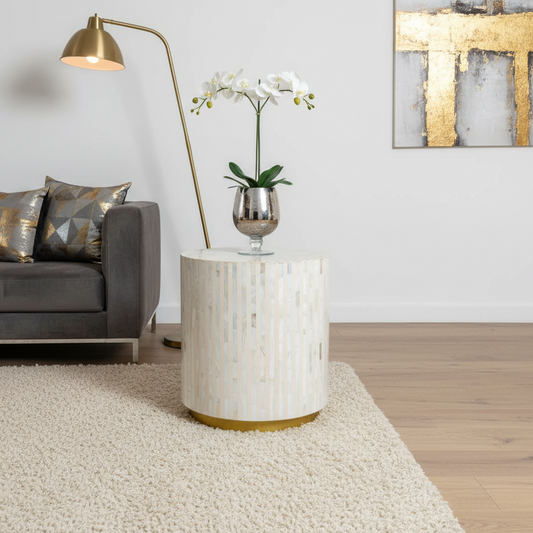 Mother of pearl side table drum shape